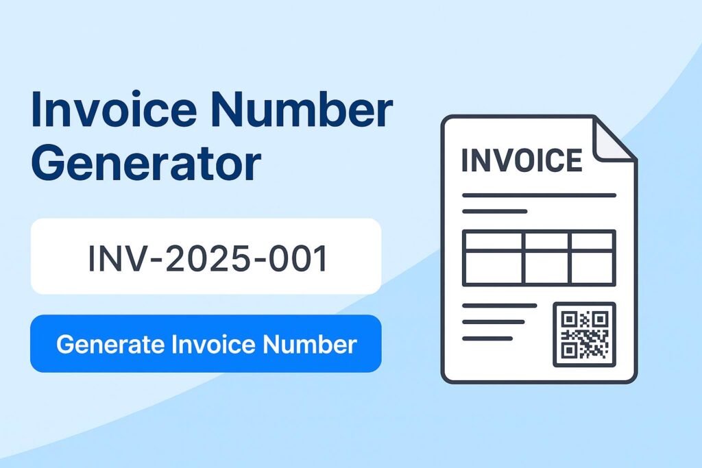 A modern 2D graphic showing an online invoice number generator interface with a “Generate Invoice Number” button and invoice paper illustration.