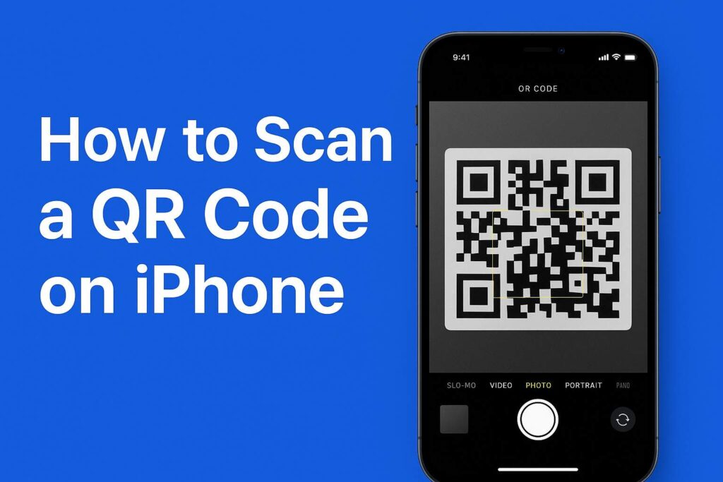 A blue digital banner showing an iPhone scanning a QR code with the Camera app, featuring the text “How to Scan a QR Code on iPhone.”