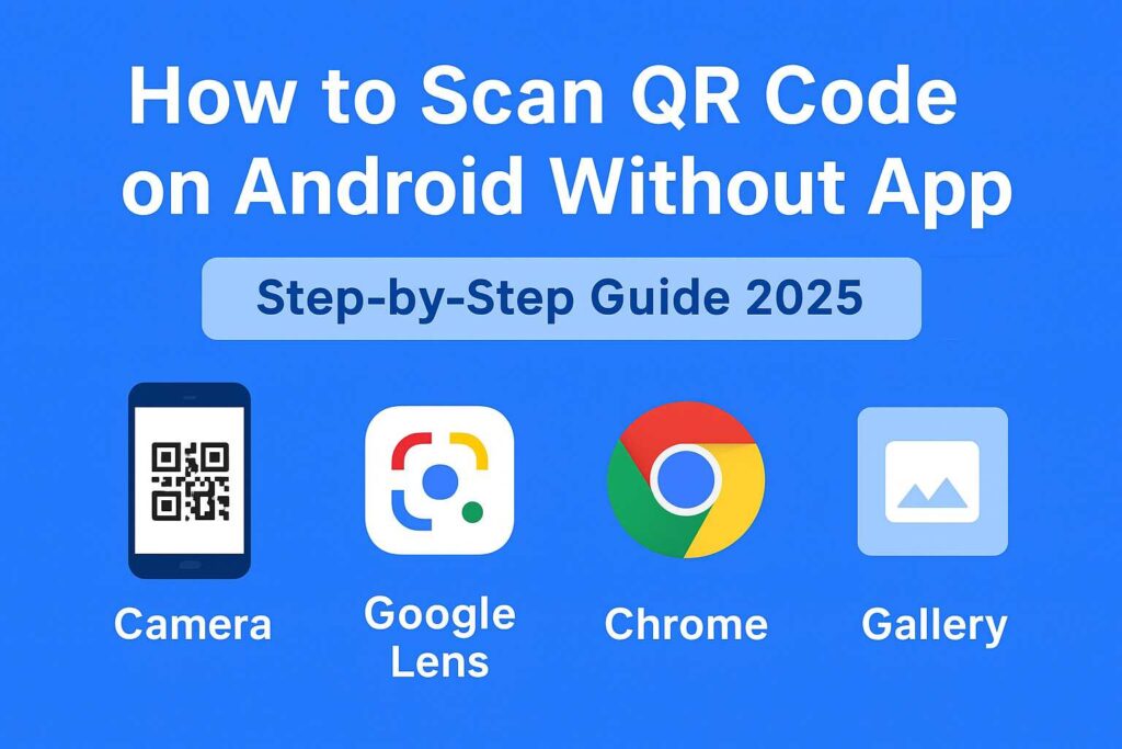 How to scan QR code on Android without app — showing Camera, Google Lens, Chrome, and Gallery icons in a blue digital banner.